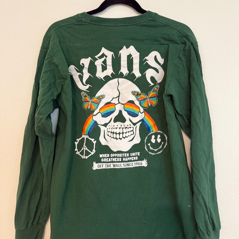 Vans Green Long Sleeve Tee with Skull and Rainbow